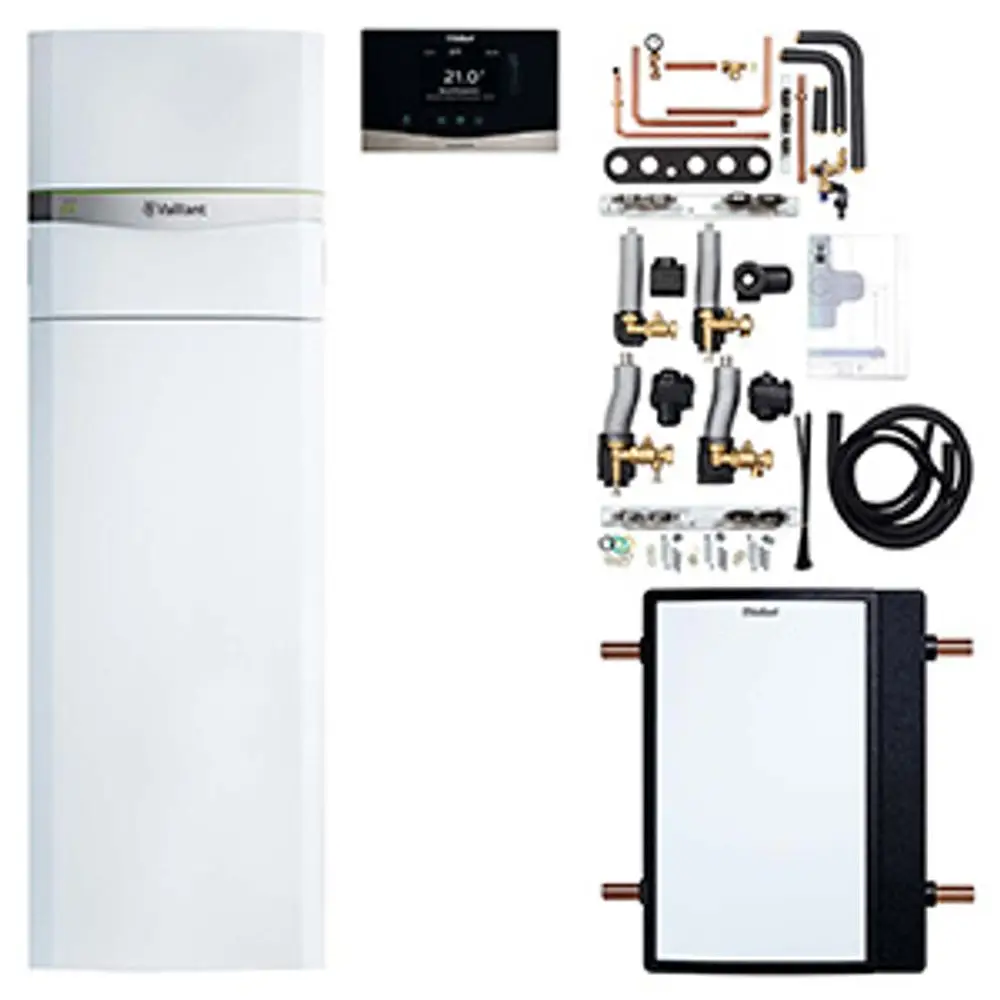 Ein Vaillant-Gerät mit zugehörigen Komponenten, einschließlich eines Wandthermostats, Rohren, Verbindungsstücken und einem Wärmeübertrager.